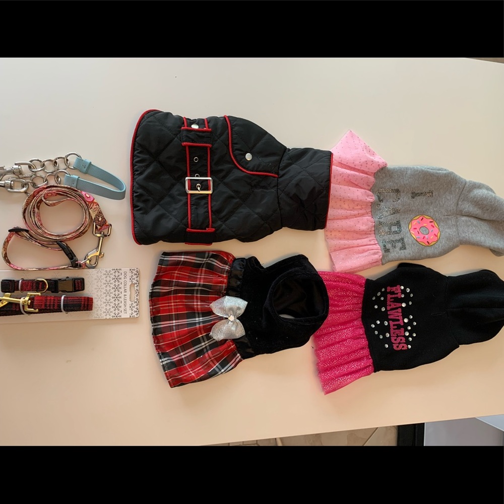 Four Small dog coats and leashes